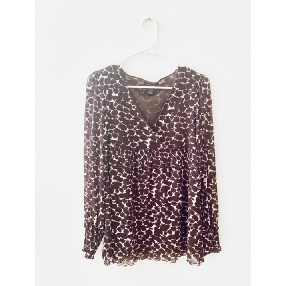 BCBG MaxAzria Brown Pattern V-Neck Blouse-L *H744*